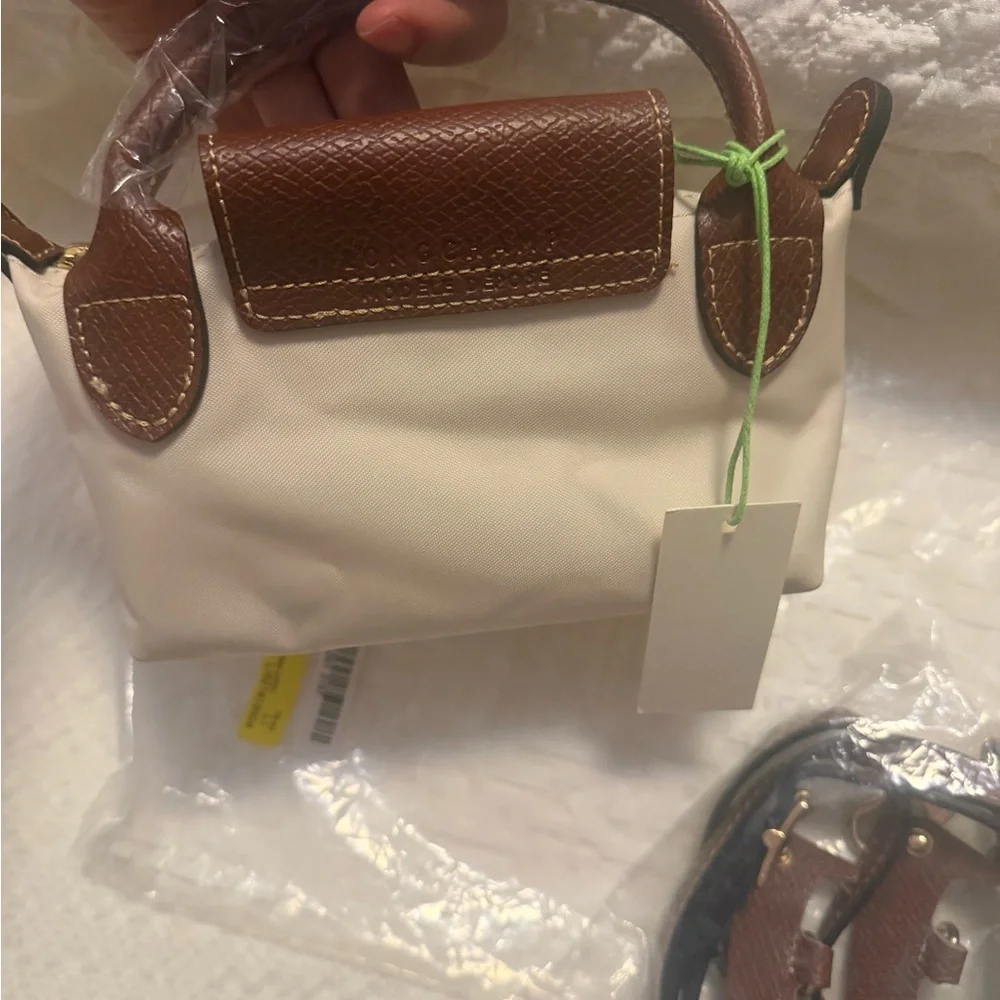 Longchamp Cream Mini Crossbody with Brown Leather Trim